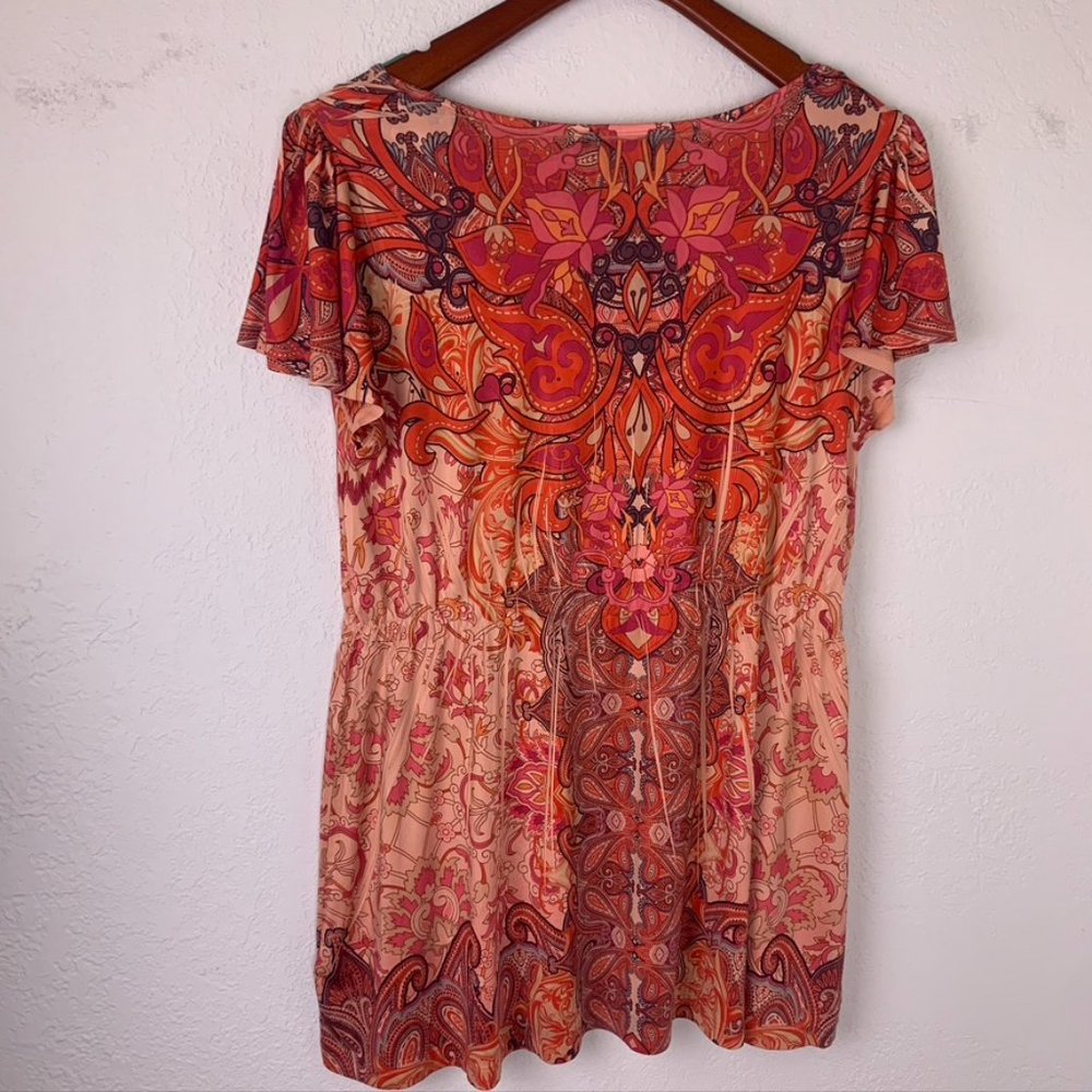 APT 9 Swoop Neck Orange/Red Pattern Boho Shirt, 1X, Dye sublimation, loose, flow - Picture 3 of 13